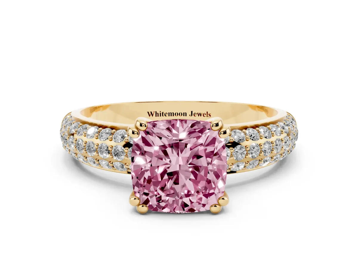 Fancy Pink Cushion Cut Diamond Solitaire Ring with Multi-Row Round Pavé Band and Prong Setting Yellow gold
