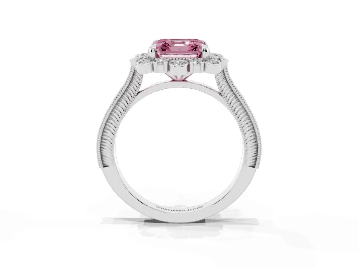 Fancy Pink Asscher Cut Halo Milgrain Pave Diamond Ring with Four-Prong Setting White gold