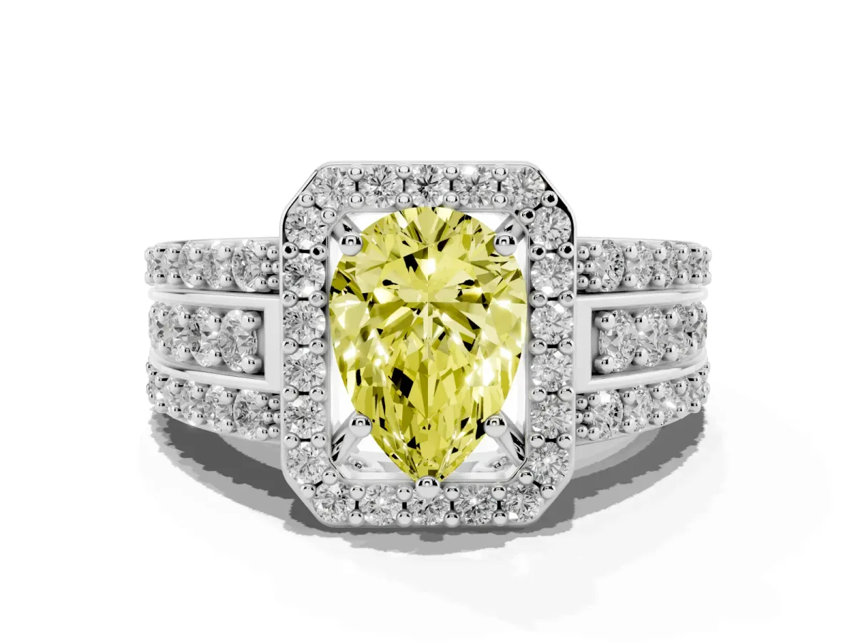 Fancy Yellow Pear Cut Halo Diamond Ring with Round Split Shank and Prong Setting Silver