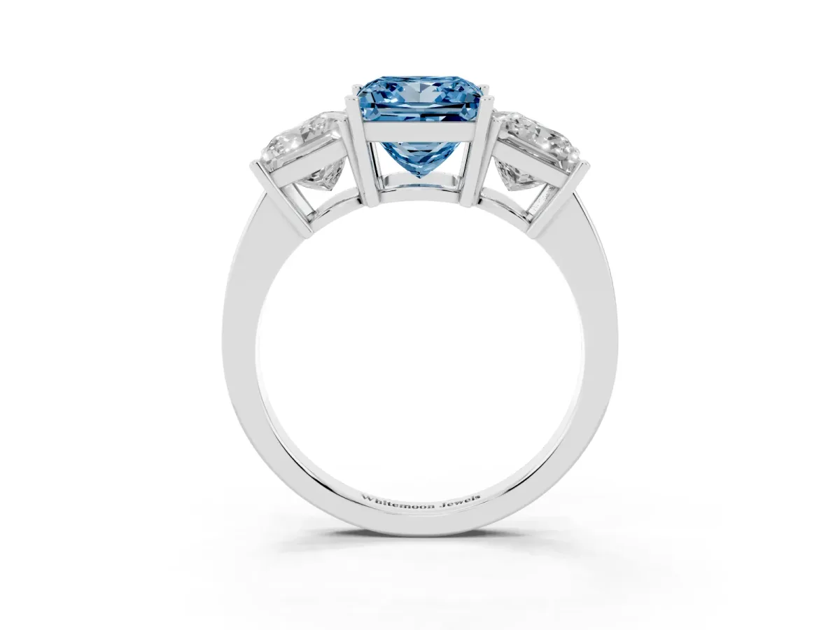 Fancy Blue Three-Stone Princess Cut Cut Diamond Engagement Ring with Flat Band and Four-Prong Setting Silver