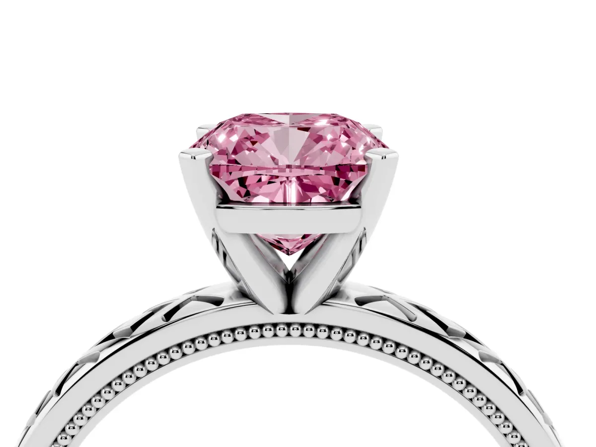 Fancy Pink Cushion Cut Solitaire Diamond Ring with Milgrain and Black Enamel X Pattern Band Silver