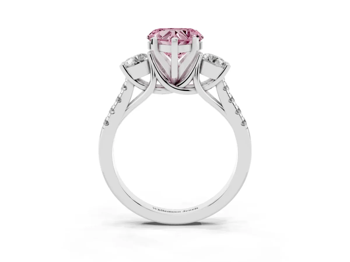 Fancy Pink Three-Stone Heart Cut Diamond Pavé Band with Four-Prong Setting Silver