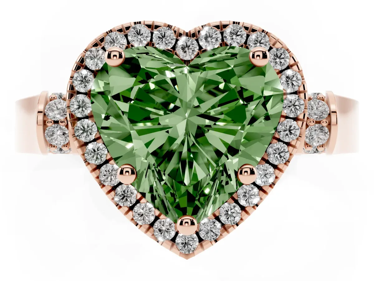 Fancy Green Heart Cut Halo Round Diamond Twist Band with Four-Prong Setting Rose gold