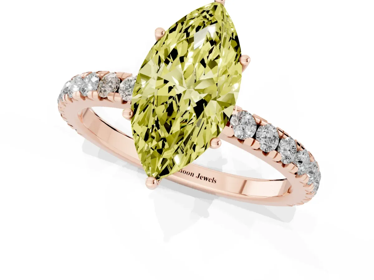 Fancy Yellow Marquise Cut Diamond Pavé Solitaire Engagement Ring with Four-Prong Setting Rose gold