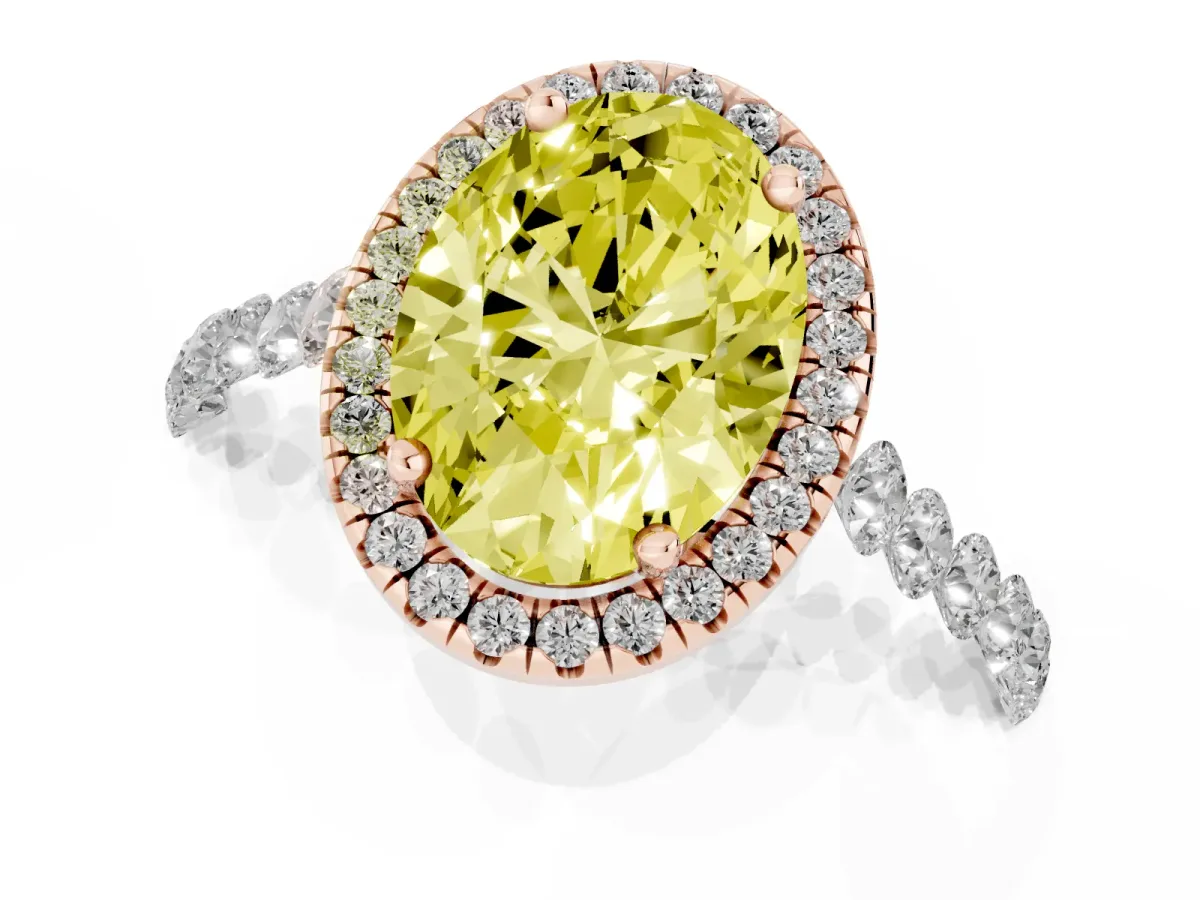 Fancy Yellow Oval Cut Halo Pavé Diamond Engagement Ring with Four-Prong Setting Rose gold