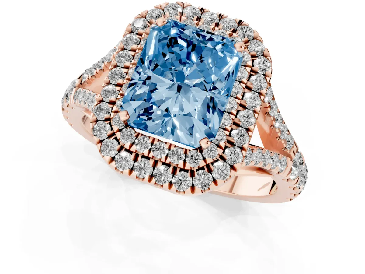 Fancy Blue Radiant Cut Cut Double Halo Split Shank Diamond Ring with Prong Setting Rose gold