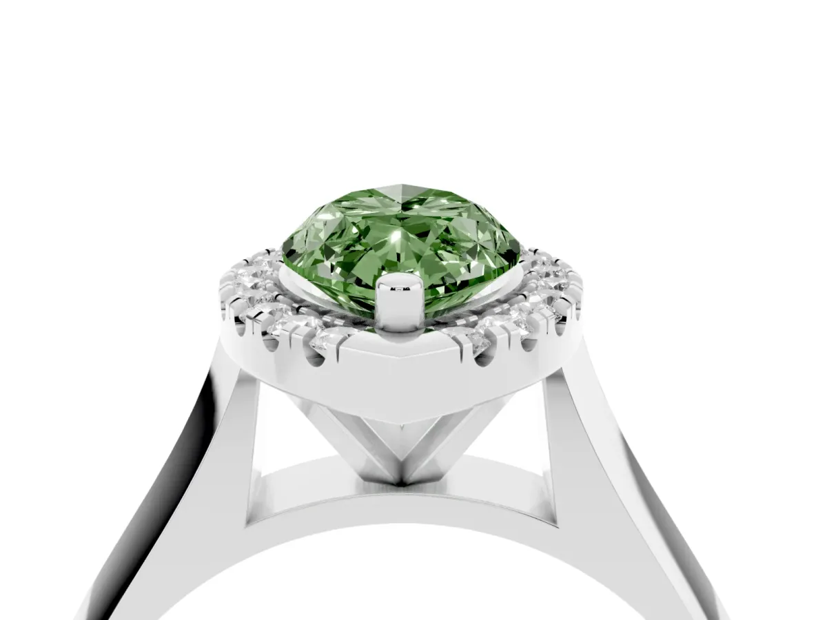 Fancy Green Marquise Cut Cut Halo Solitaire Engagement Ring with Square Band and Four-Prong Setting White gold