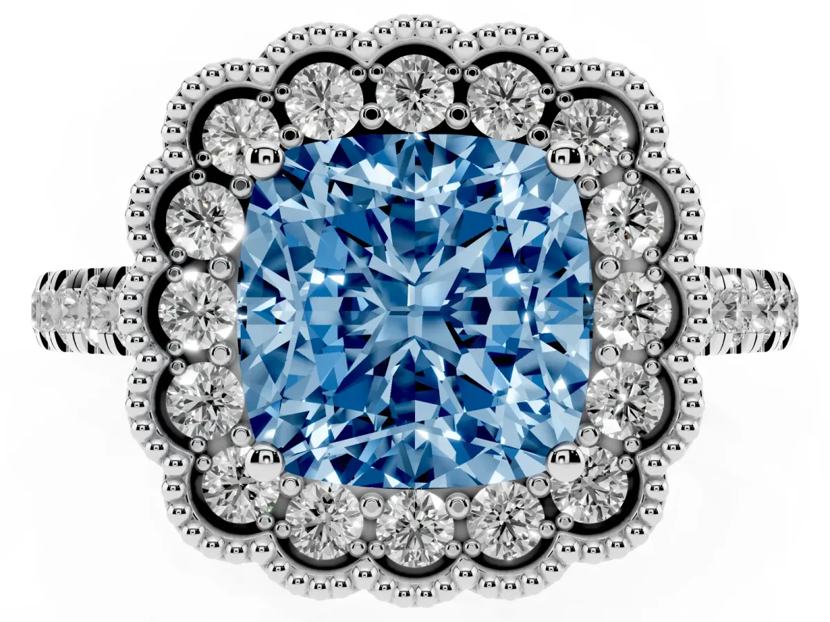 Fancy Blue Cushion Cut Cut Diamond Milgrain Floral Halo Engagement Ring with Pavé Band Platinum