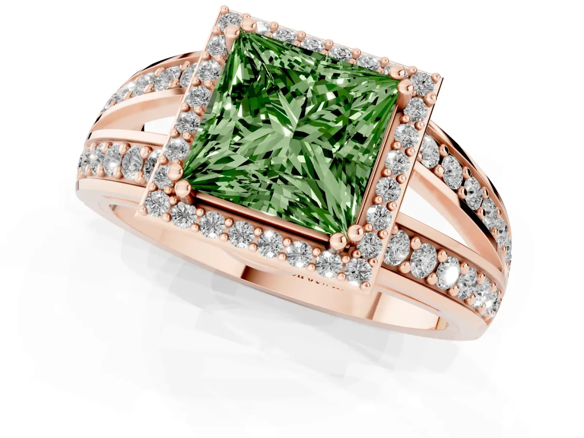 Fancy Green Princess Cut Diamond Halo Ring with Split Shank Pavé Band and Four-Prong Setting Rose gold