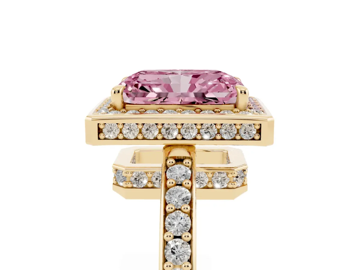 Fancy Pink Radiant Cut Halo Pave Band Solitaire Ring with Prong Setting Yellow gold