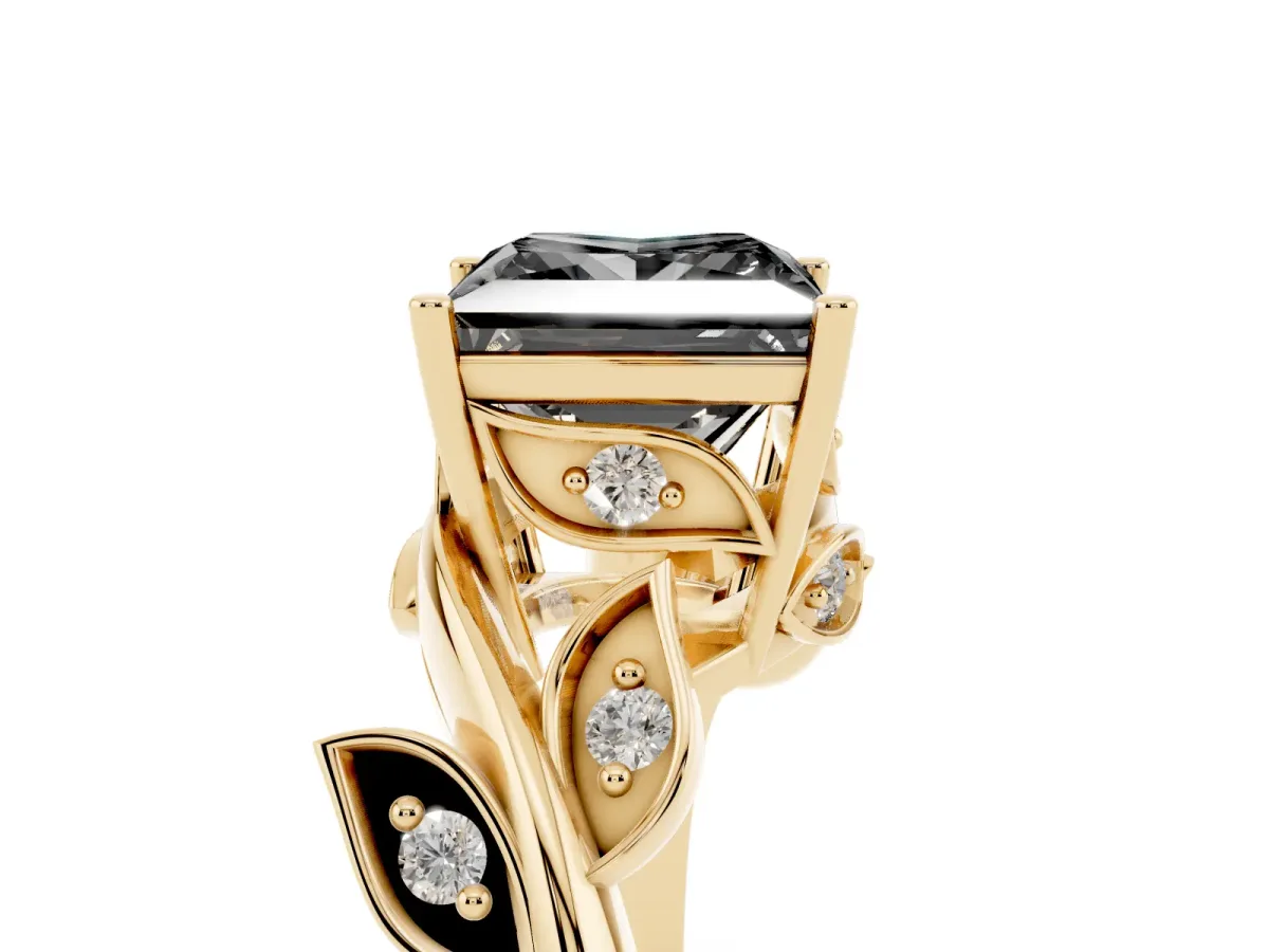Fancy Black Princess Cut Solitaire Twist Engagement Ring with Leaf Accents and Prong Setting Yellow gold