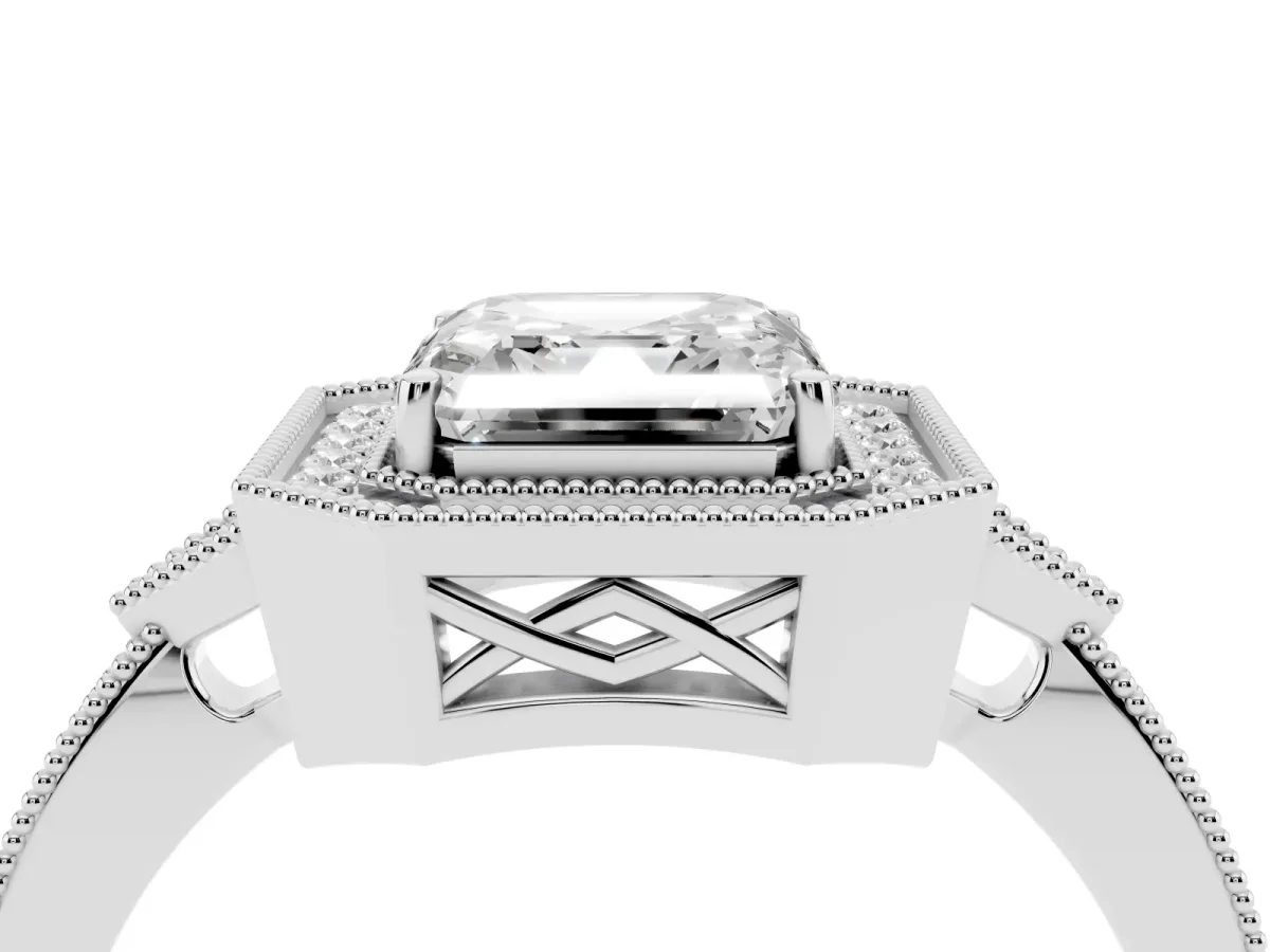 Asscher Cut Halo Round Diamond Milgrain Pave Engagement Ring Silver