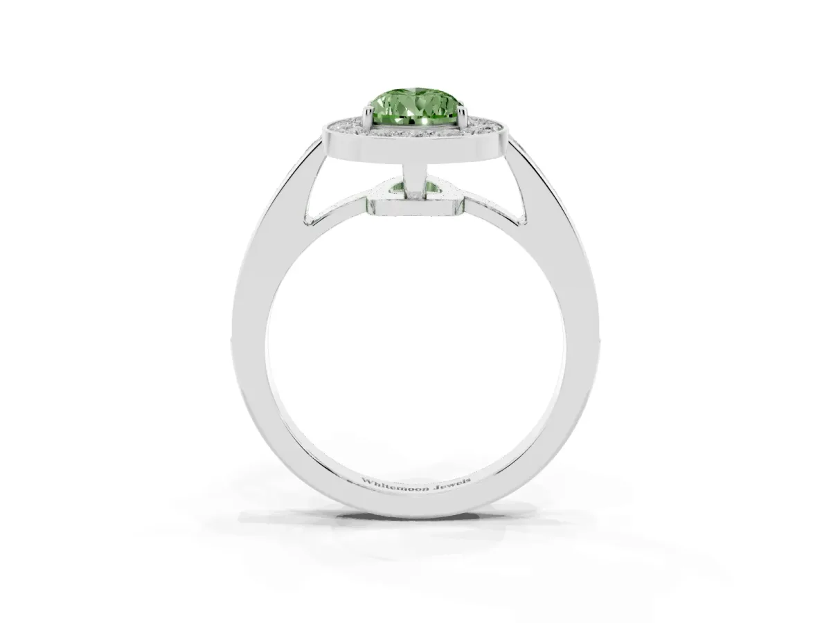Fancy Green Pear Cut Halo Pavé Diamond Engagement Ring with Bezel Setting Silver
