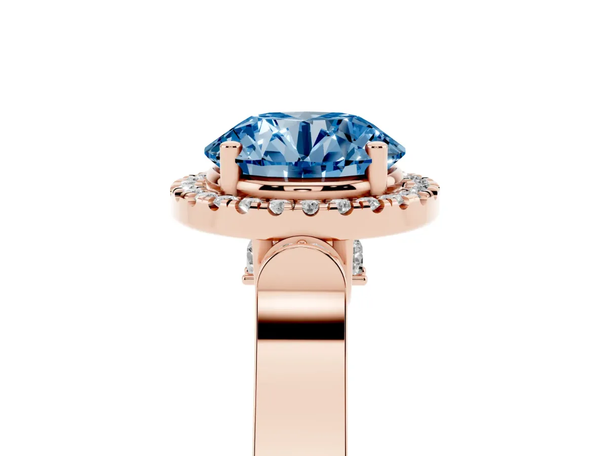 Fancy Blue Round Cut Halo Pave Split Shank Prong Setting Ring Rose gold