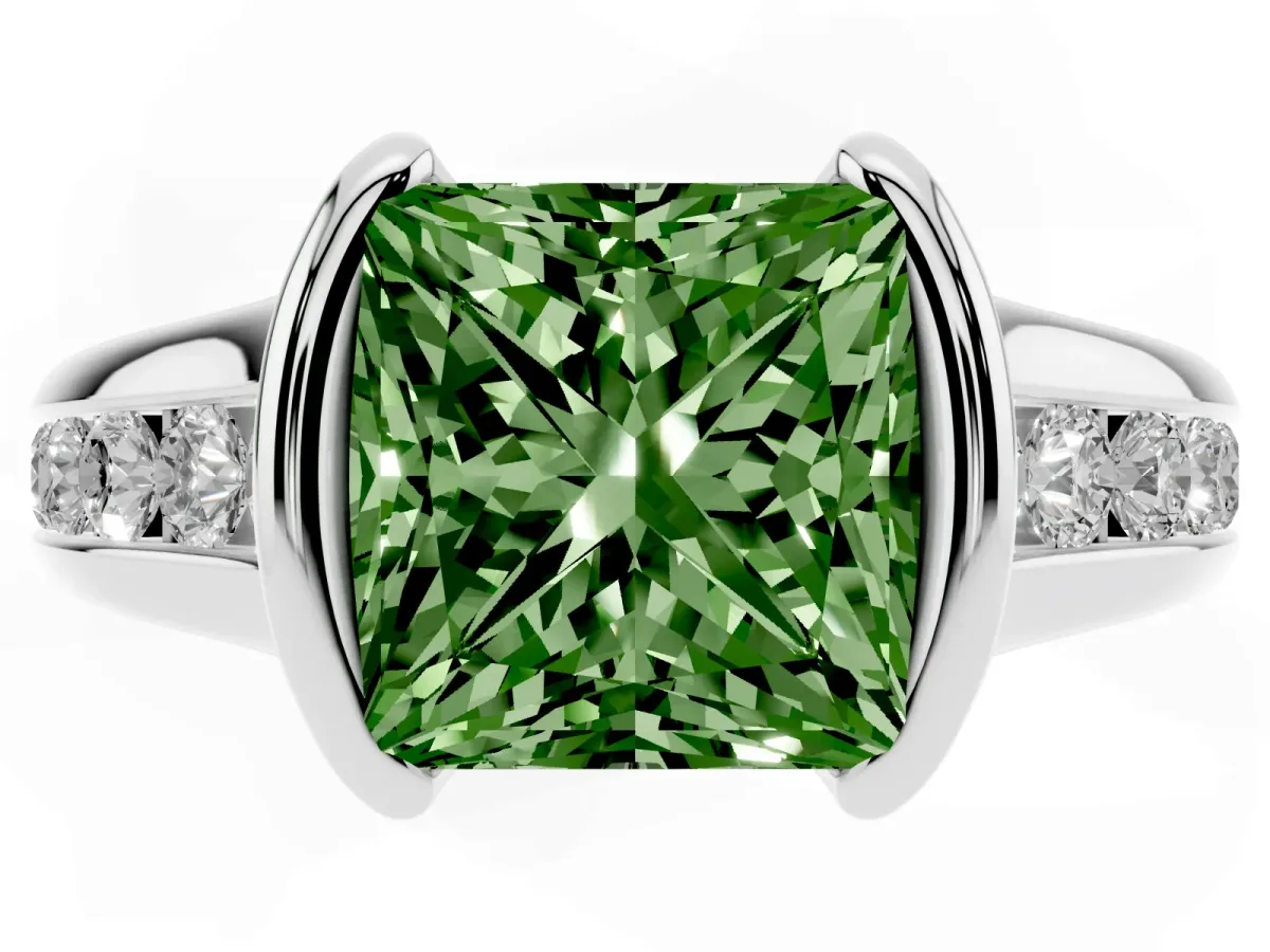 Fancy Green Princess Cut Solitaire Bezel-Set Diamond Ring with Channel-Set Band Silver