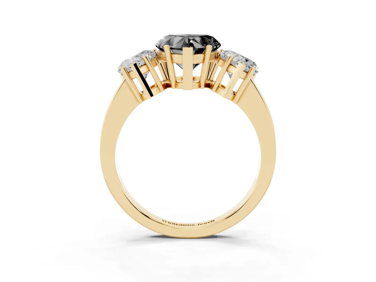 Fancy Black Three-Stone Heart Cut Cut Diamond Engagement Ring with Flat Band and Four-Prong Setting Yellow gold