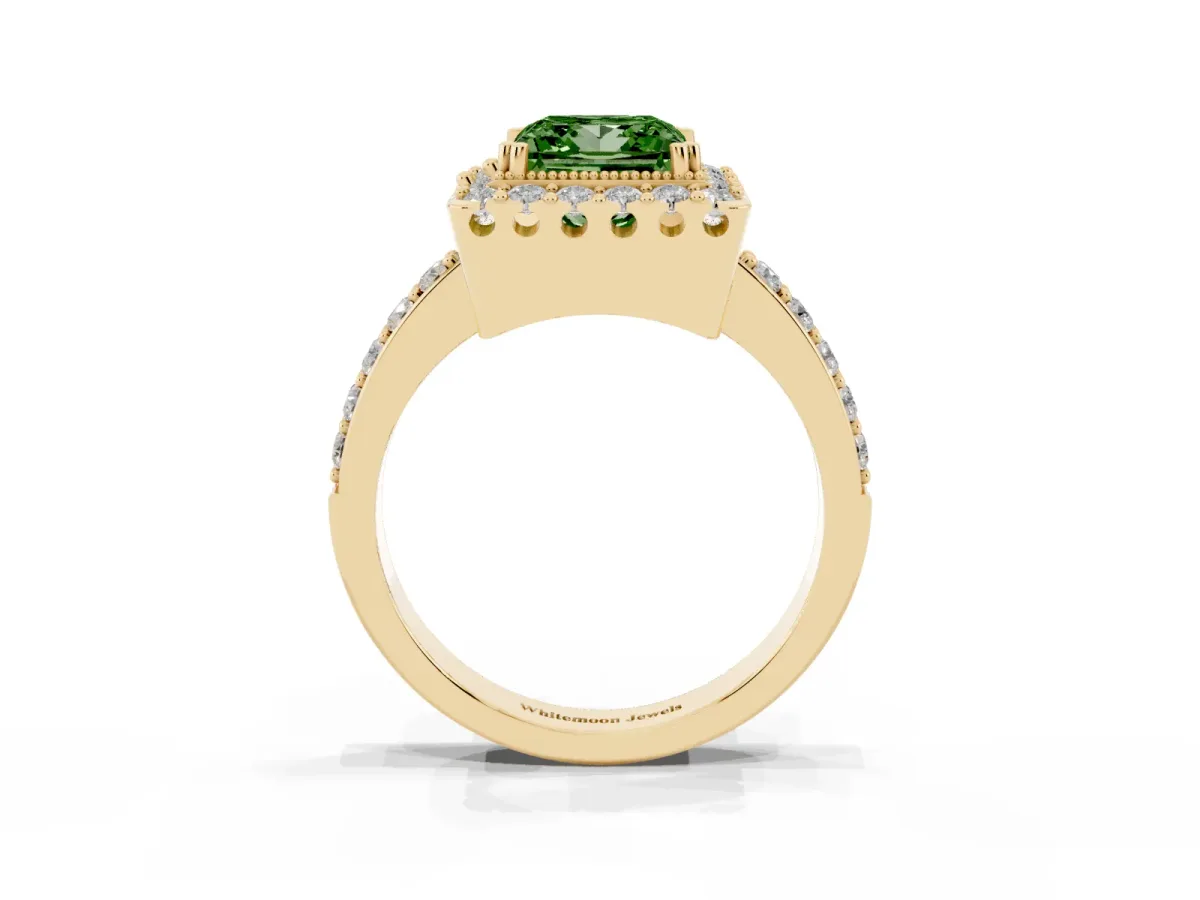 Fancy Green Princess Cut Diamond Halo Ring with Pavé Band and Prong Setting Yellow gold