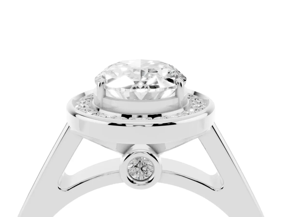 Oval Cut Halo Solitaire Diamond Ring with Pave Band and Bezel Setting Silver