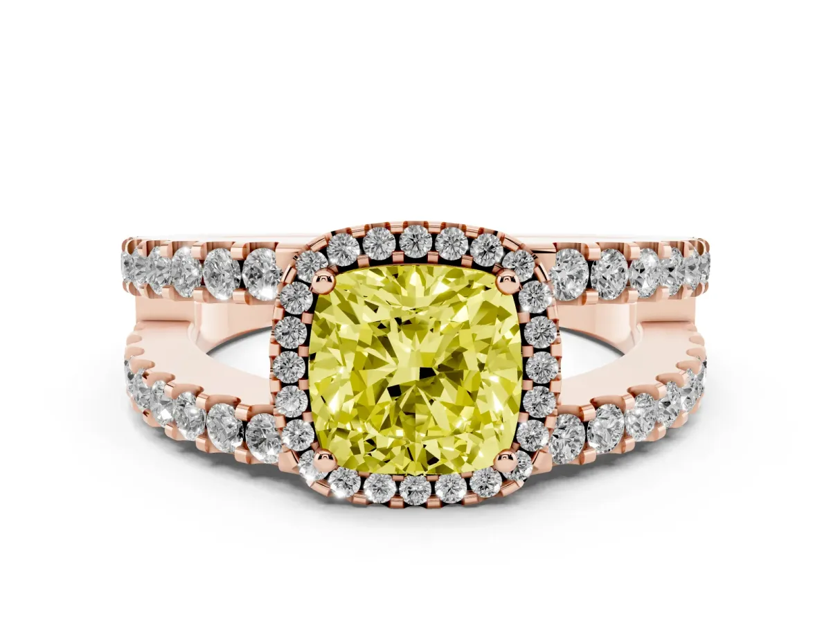 Fancy Yellow Cushion Cut Cut Halo Split Shank Diamond Ring with Four-Prong Setting Rose gold