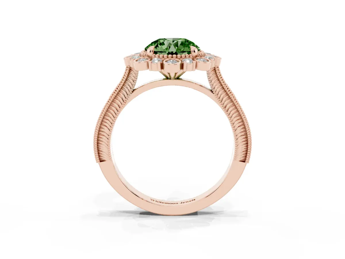 Fancy Green Round Cut Halo Milgrain Pave Diamond Ring with Four-Prong Setting Rose gold