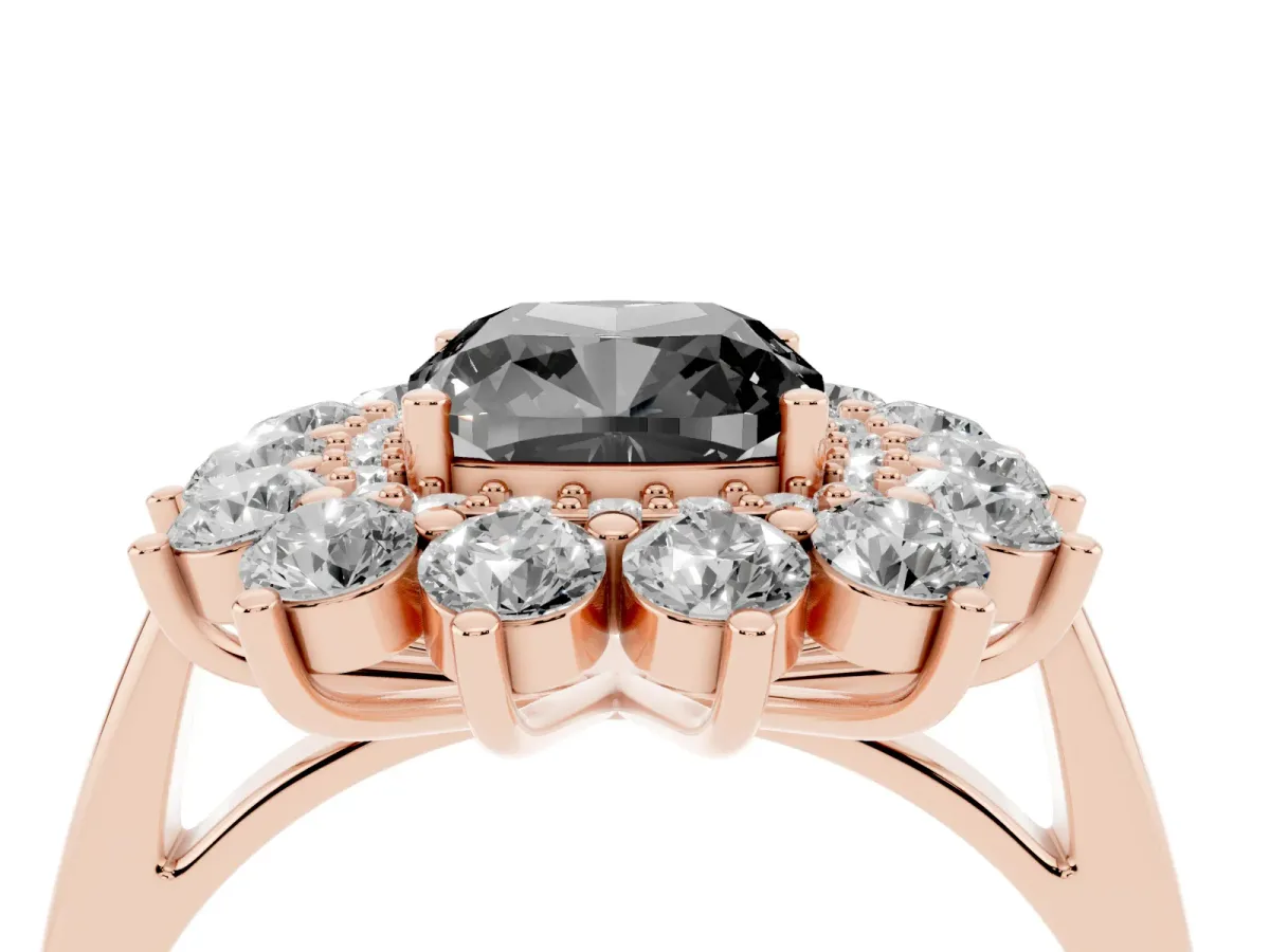 Fancy Black Cushion Cut Diamond Floral Double Halo Engagement Ring with Prong Setting Rose gold