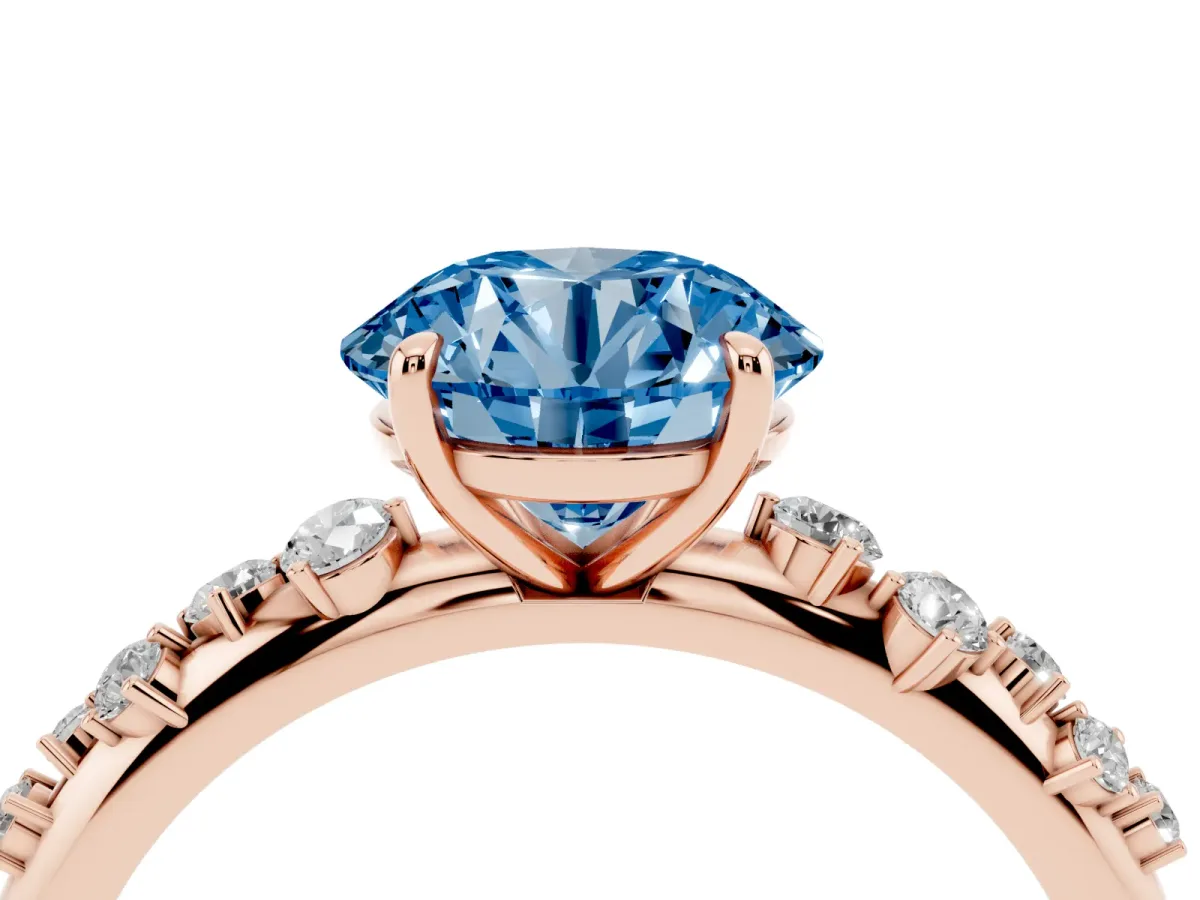 Fancy Blue Round Cut Diamond Cluster Prong-Set Solitaire Ring Rose gold