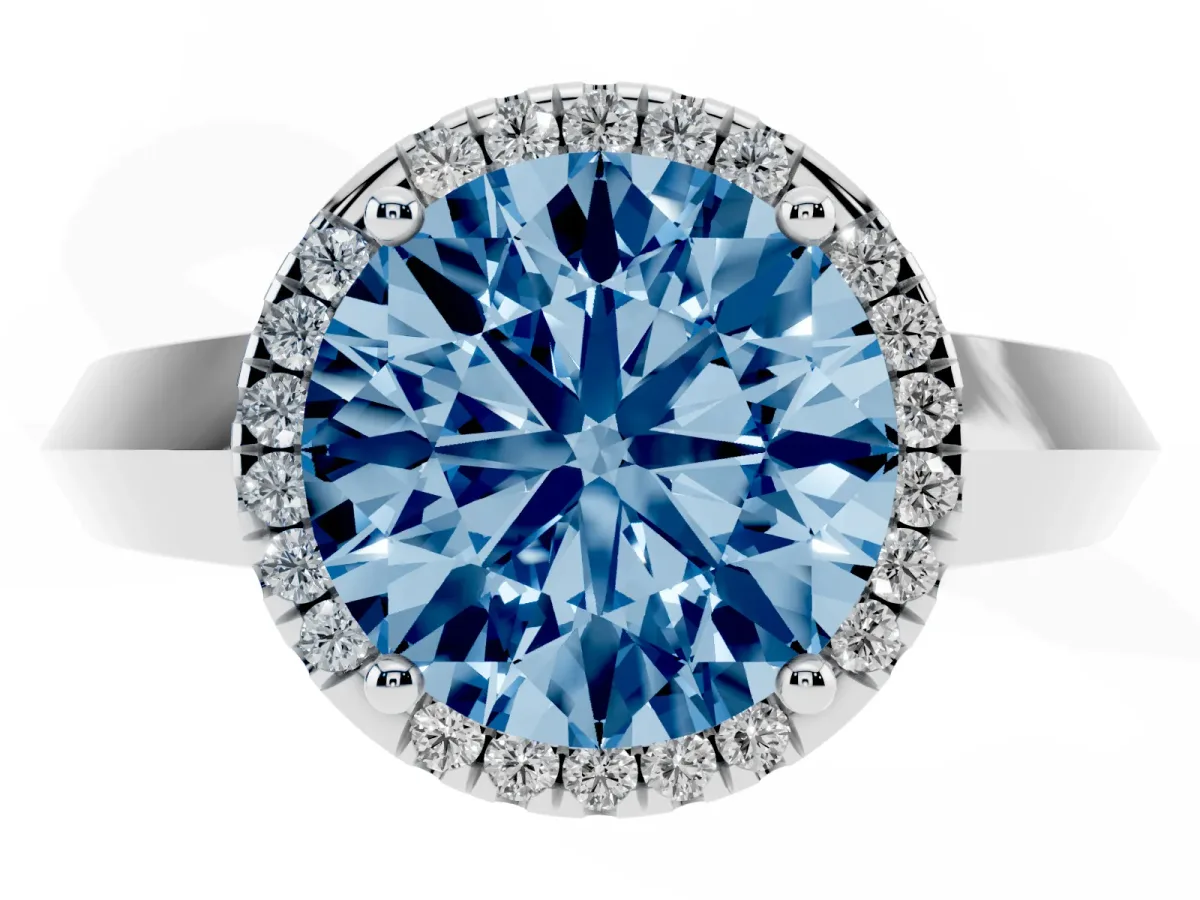 Fancy Blue Round Cut Halo Diamond Ring with Cathedral Band and Four-Prong Setting Platinum