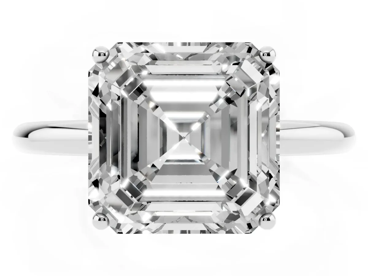 Asscher Cut Solitaire Diamond Ring with a Classic Band and Four-Prong Setting Silver