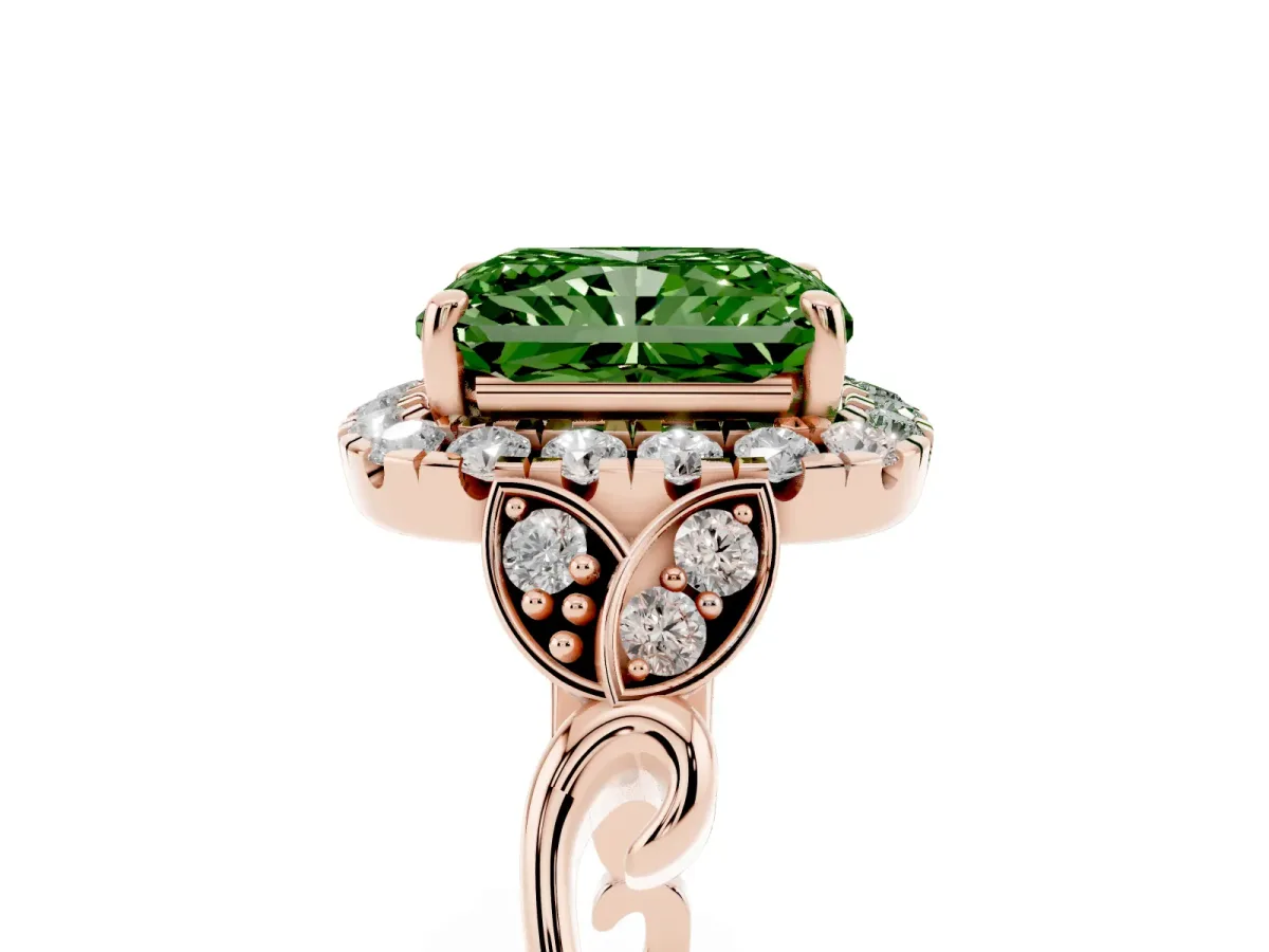 Fancy Green Radiant Cut Halo Diamond Engagement Ring with Vintage-Inspired Band and Four-Prong Setting Rose gold