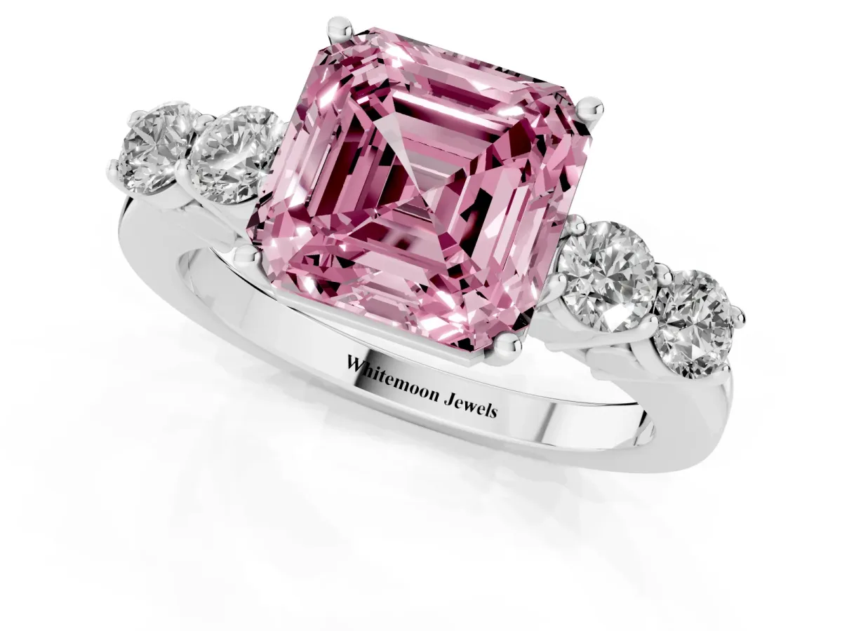 Fancy Pink Asscher Cut Cut Diamond Five-Stone Prong Set White Gold Ring Platinum