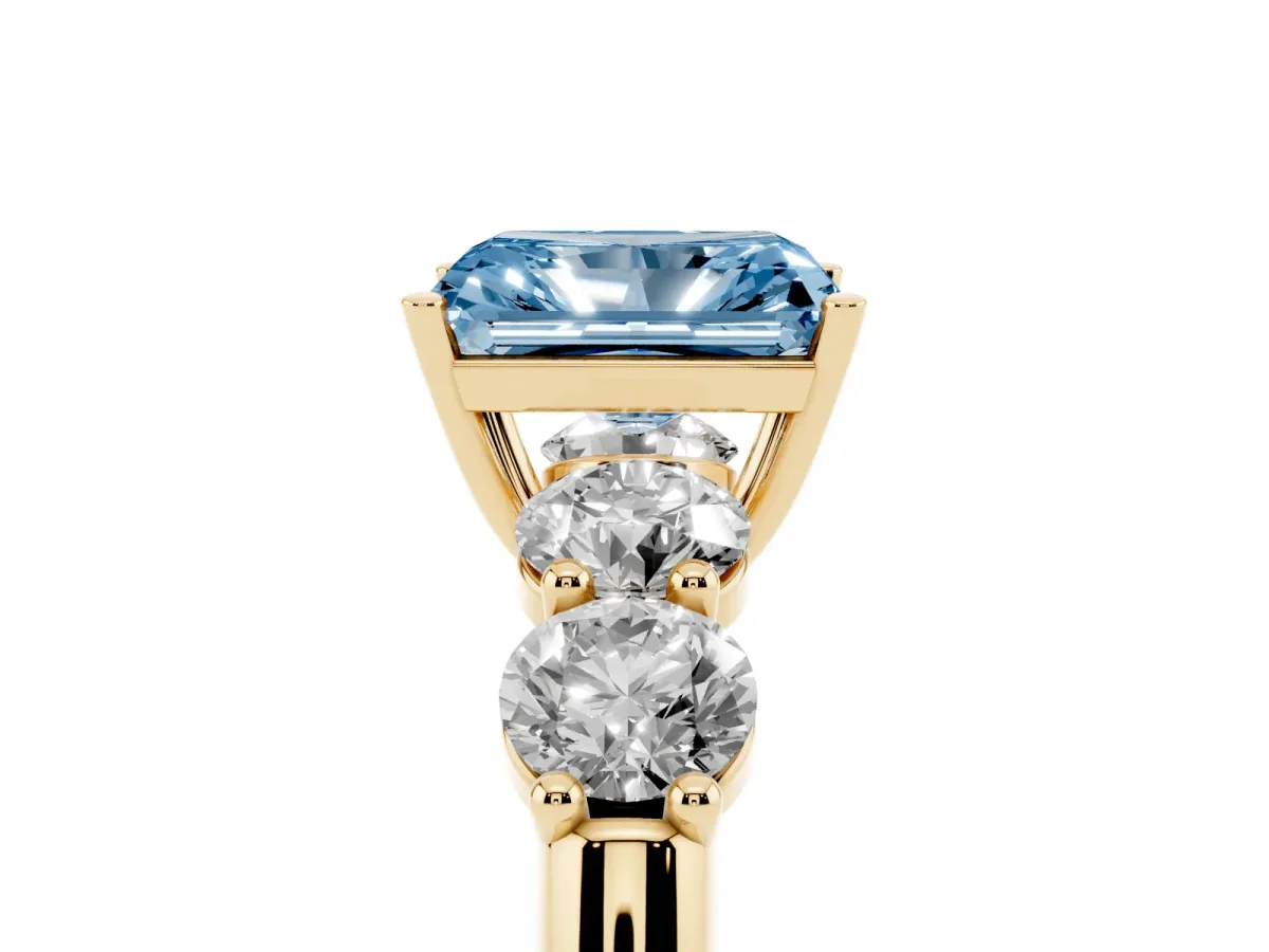 Fancy Blue Radiant Cut Cut Five-Stone Prong Set Diamond Ring with Classic Band Yellow gold