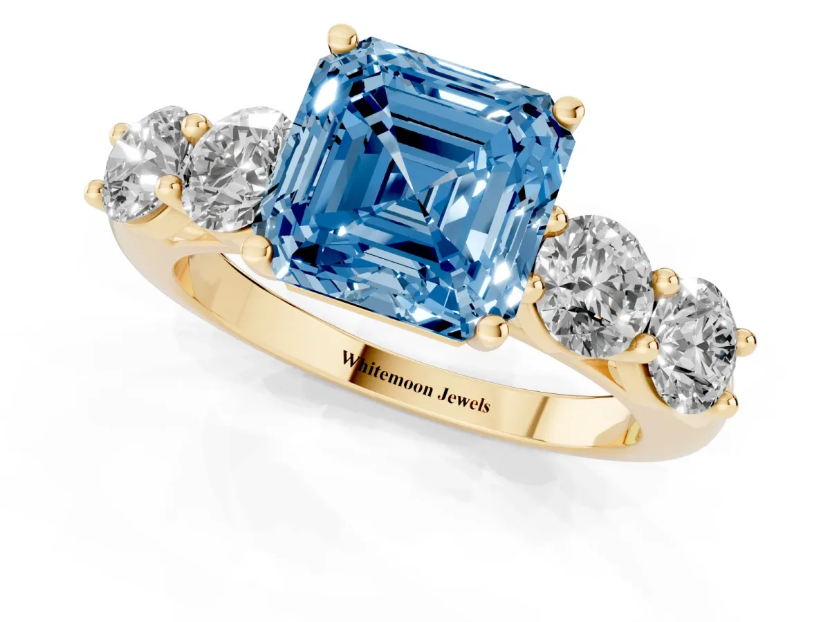 Fancy Blue Asscher Cut Cut Five-Stone Prong Set Diamond Ring with Classic Band Yellow gold