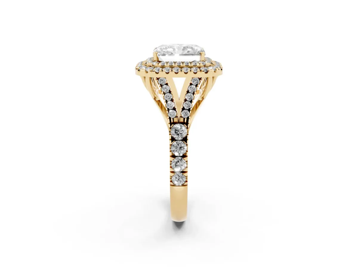 Radiant Cut Diamond Pavé Split Shank Double Halo Engagement Ring Yellow gold