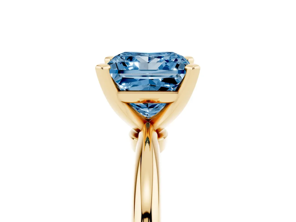 Fancy Blue Princess Cut Diamond Solitaire Ring with Prong Setting and Classic Band Yellow gold