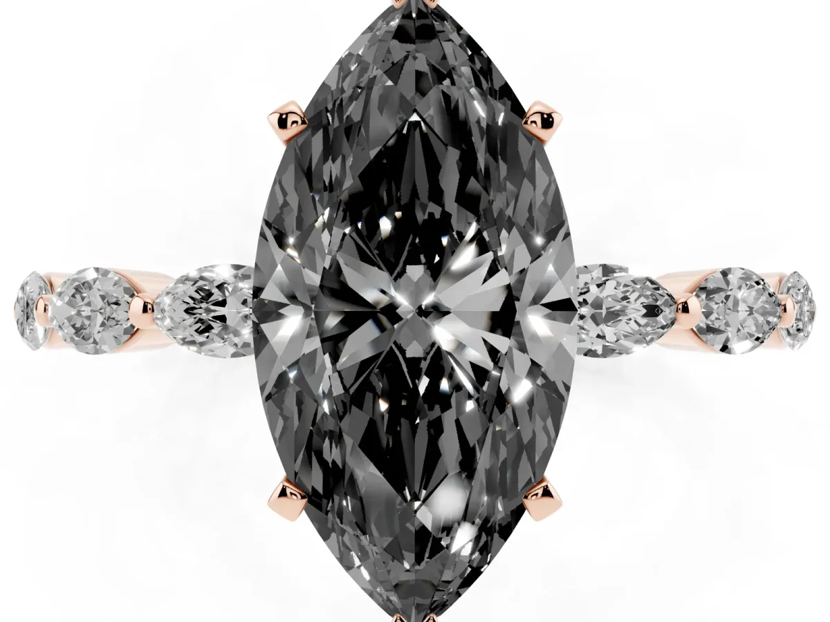 Fancy Black Marquise Cut Diamond Ring with Marquise Side Stones and Prong Setting Rose gold