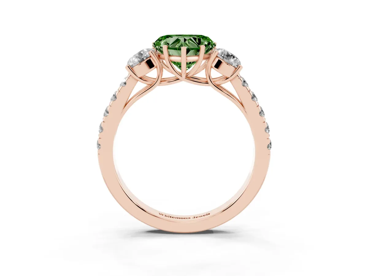Fancy Green Heart Cut Cut Diamond Three-Stone Ring with Round Side Stones and Pavé Band Rose gold