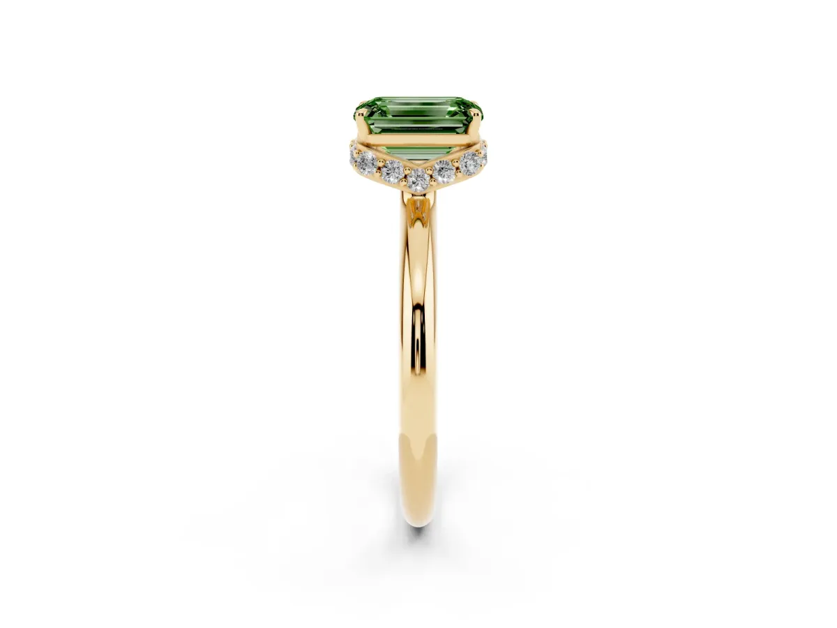 Fancy Green Emerald Cut Brilliant Solitaire Engagement Ring with Six-Prong Setting and Classic Band Yellow gold