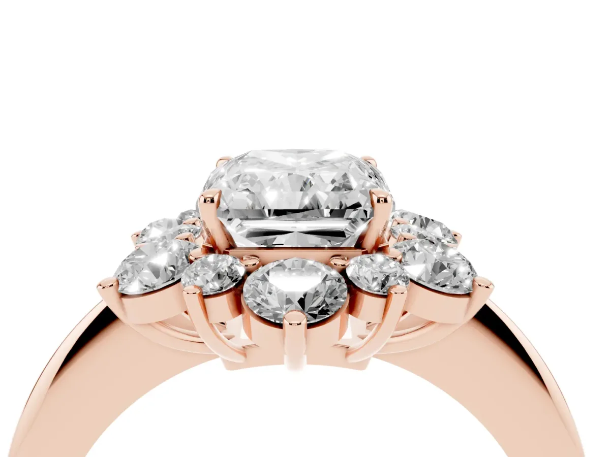 Radiant Cut Diamond Cluster Halo Ring with Solitaire Band and Four-Prong Setting Rose gold