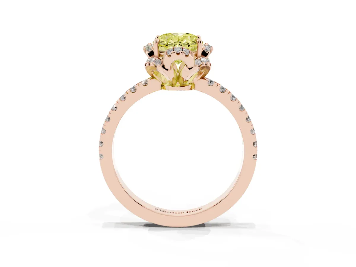 Fancy Yellow Oval Cut Diamond Halo Pave Band with Four-Prong Setting Rose gold