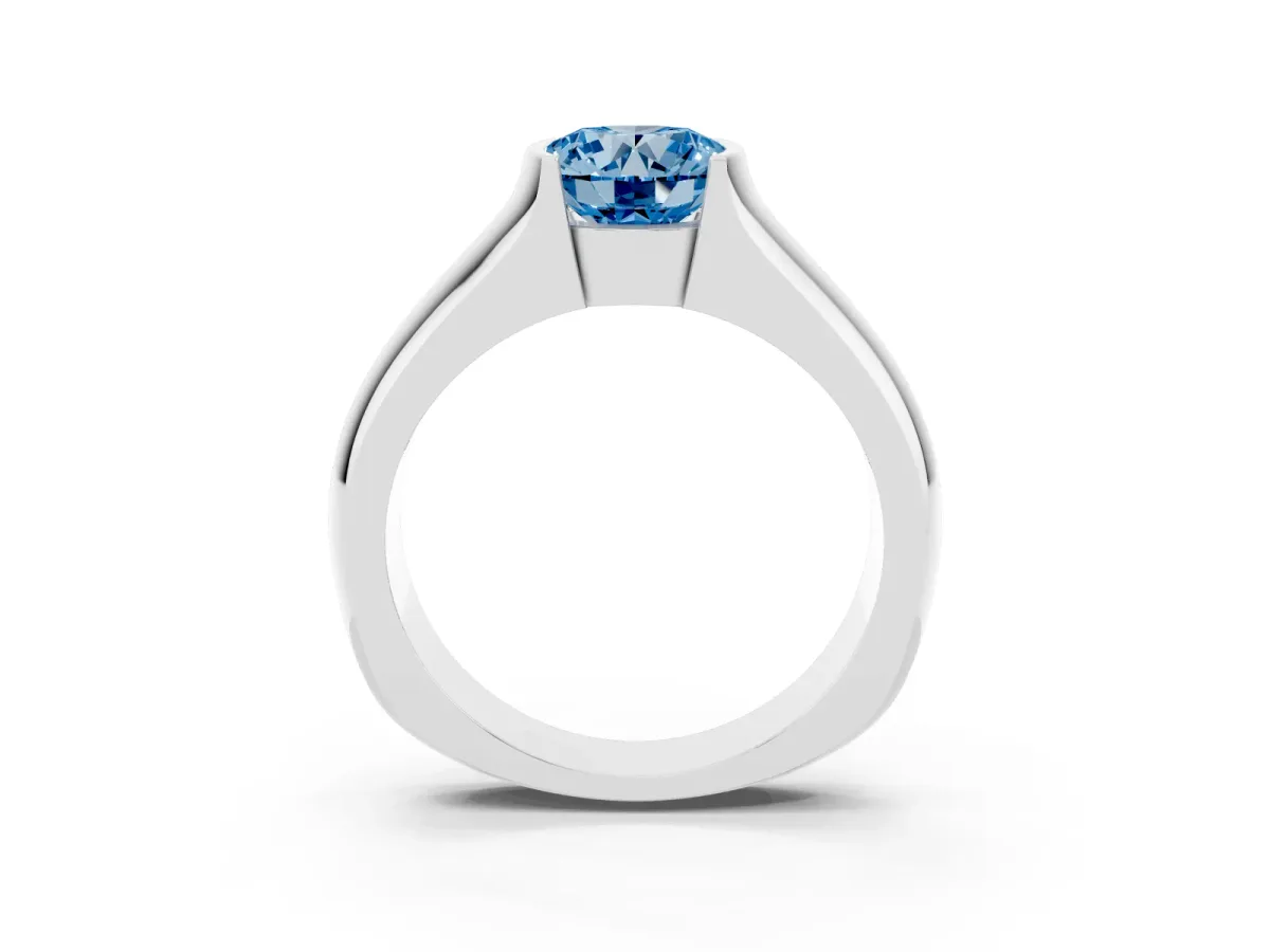 Fancy Blue Round Cut Solitaire Bezel Set Diamond Ring with Wide Band Silver