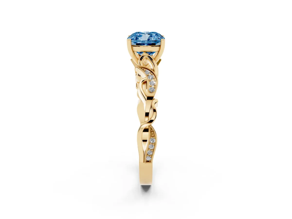 Fancy Blue Cushion Cut Solitaire Vine Band with Milgrain Prong Setting Yellow gold