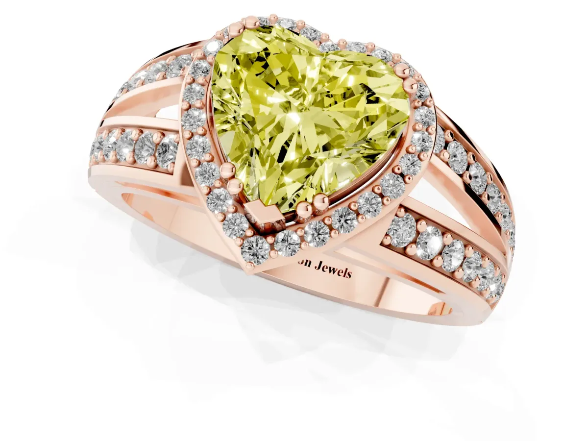 Fancy Yellow Heart Cut Diamond Halo Ring with Split Shank Pavé Band and Four-Prong Setting Rose gold