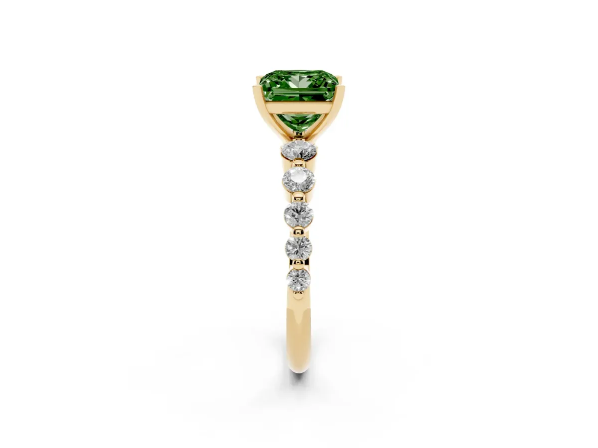 Fancy Green Princess Cut Solitaire Diamond Ring with Pave Band and Four-Prong Setting Yellow gold