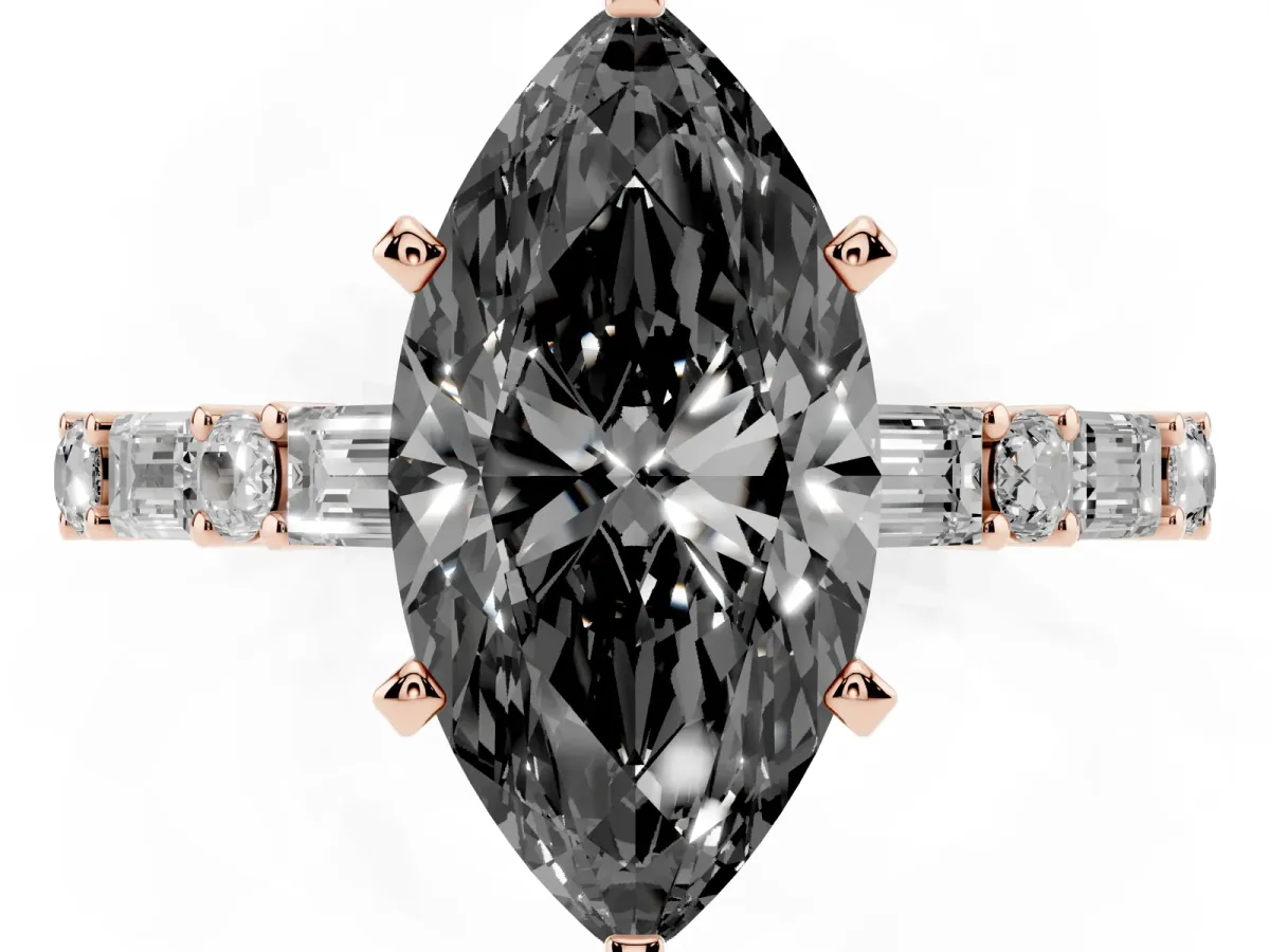 Fancy Black Marquise Cut Diamond Solitaire with Side Baguettes and Channel Set Band Rose gold