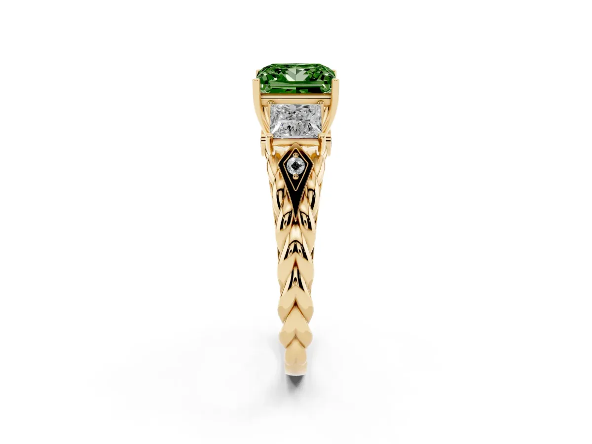 Fancy Green Three-Stone Princess Cut Diamond Braided Band Ring with Four-Prong Setting Yellow gold