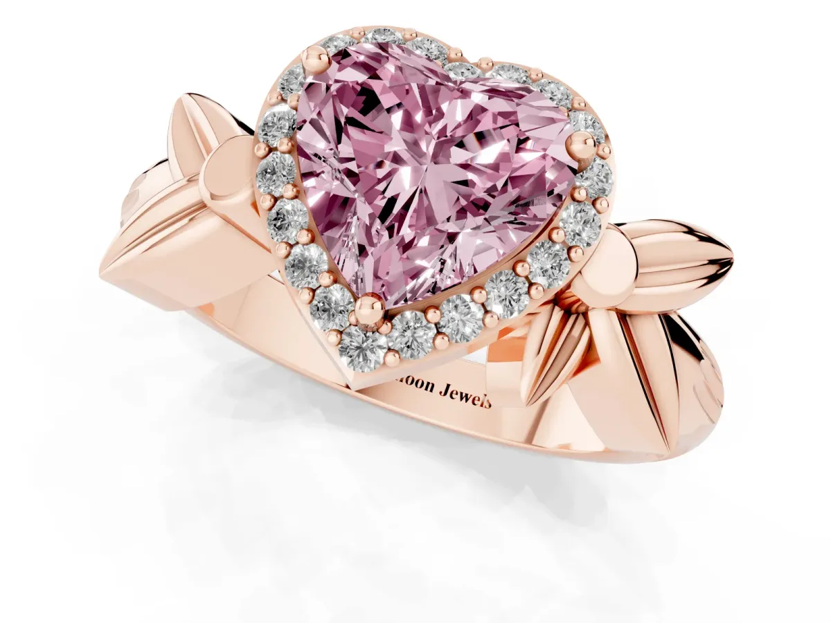 Fancy Pink Heart Cut Halo Diamond Floral Band with Four-Prong Setting Rose gold