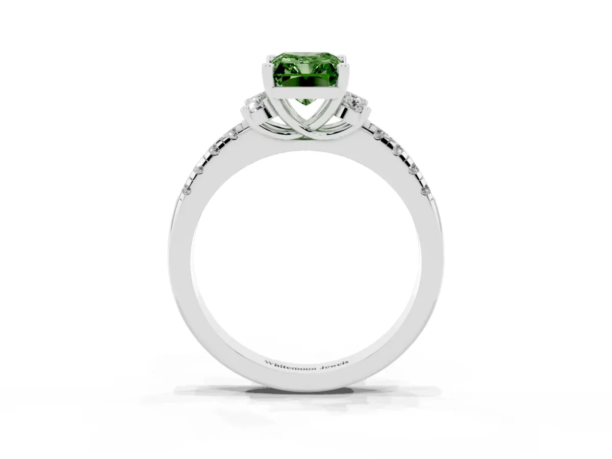 Fancy Green Radiant Cut Diamond Three-Stone Pave Band with Four-Prong Setting Silver