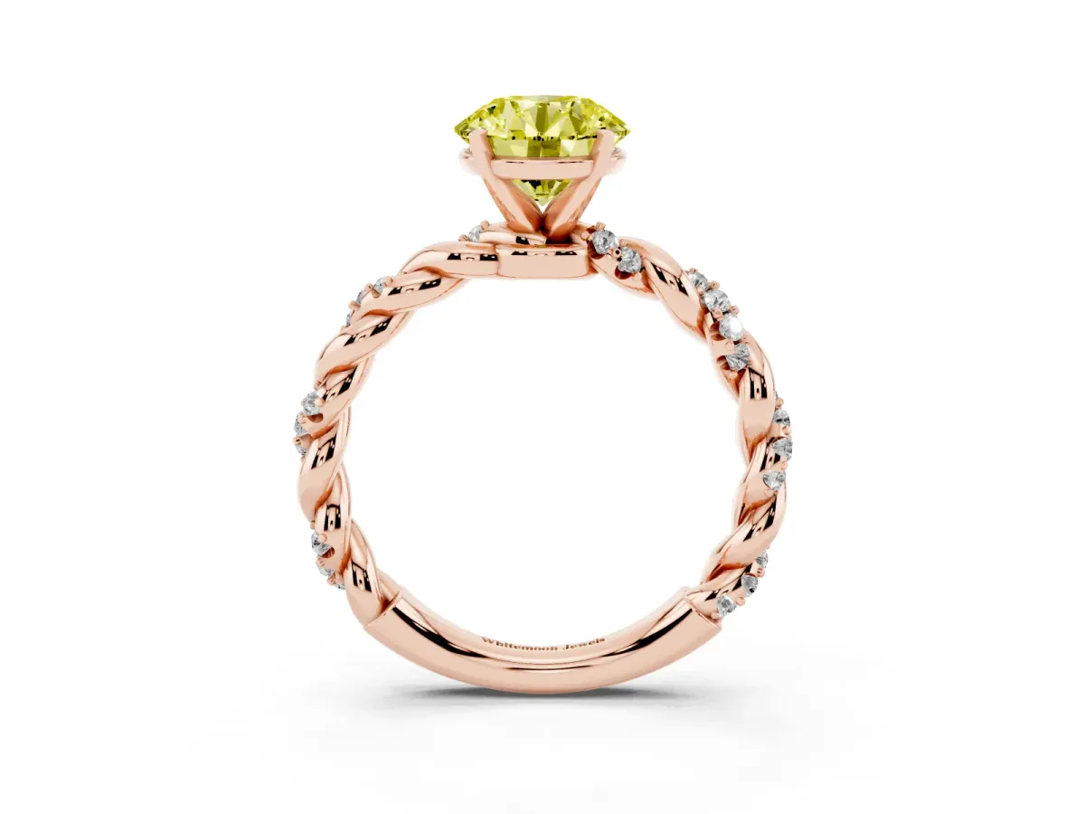 Fancy Yellow Round Cut Diamond Solitaire Ring with Twisted Band and Pavé Accents Rose gold