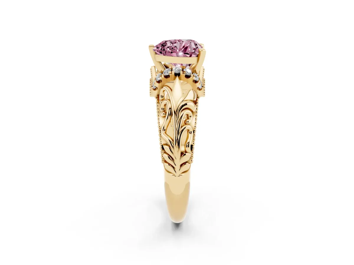 Fancy Pink Heart Cut Solitaire Filigree Engagement Ring with Halo and Prong Setting Yellow gold