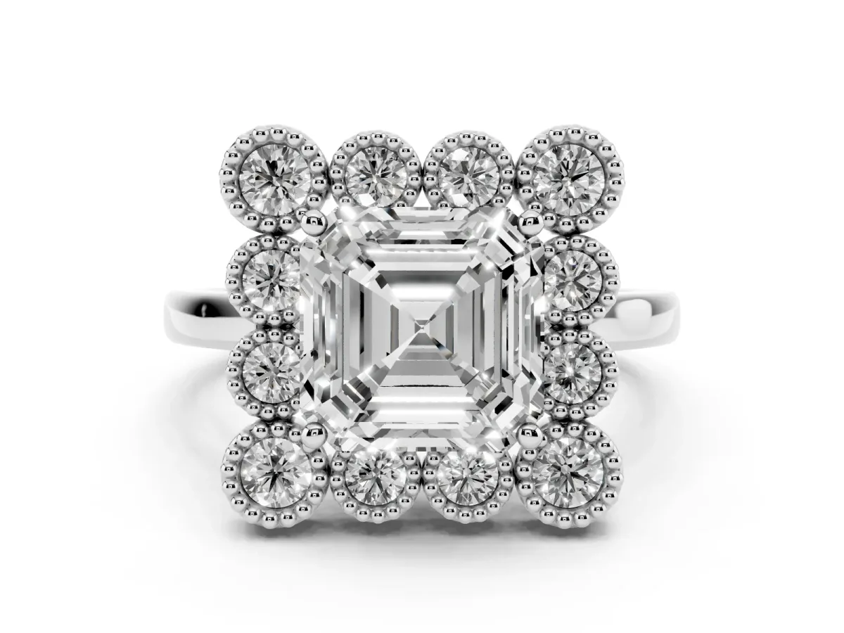 Asscher Cut Halo Diamond Cluster Engagement Ring with Milgrain Bezel Setting and Solitaire Band Platinum